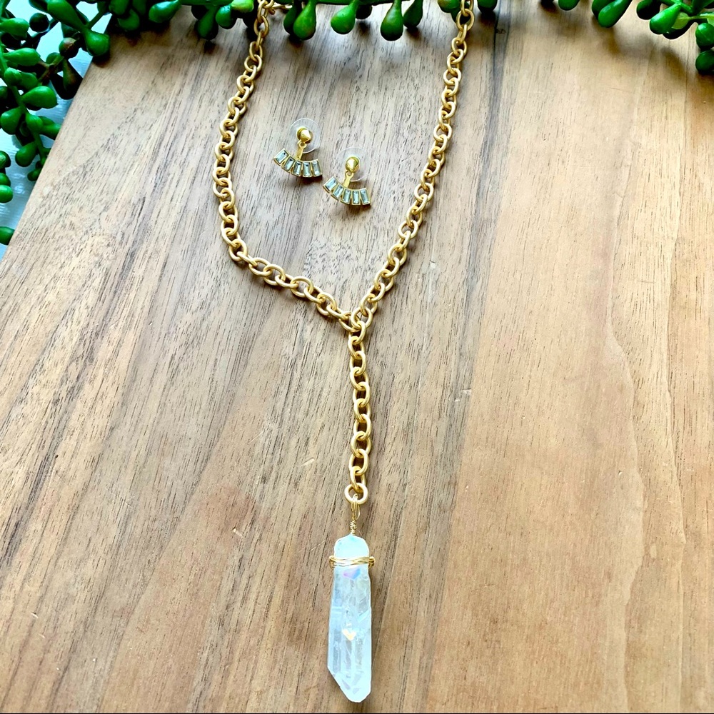 Necklace and Earrings Set- Quartz Crystal & Ear Jacket Studs